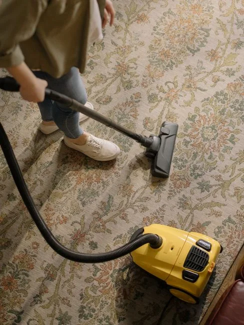 Une femme nettoie le sol avec un aspirateur pendant qu’un chien observe attentivement. Scène intérieure dans une maison.